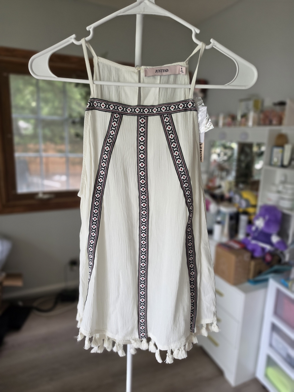 JustFab Cream Tassel Trim Skirt with Embroidered Trim
